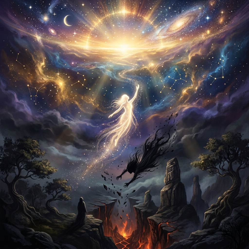 Luminous spirit ascending toward a star-filled sky above rocky mountains