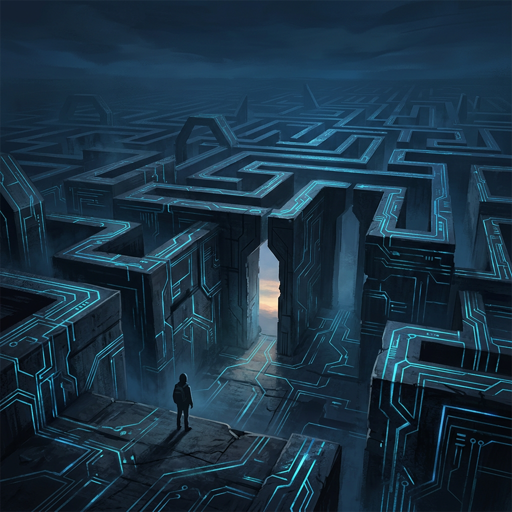 Lone figure overlooking a futuristic maze of dark structures with glowing blue circuits