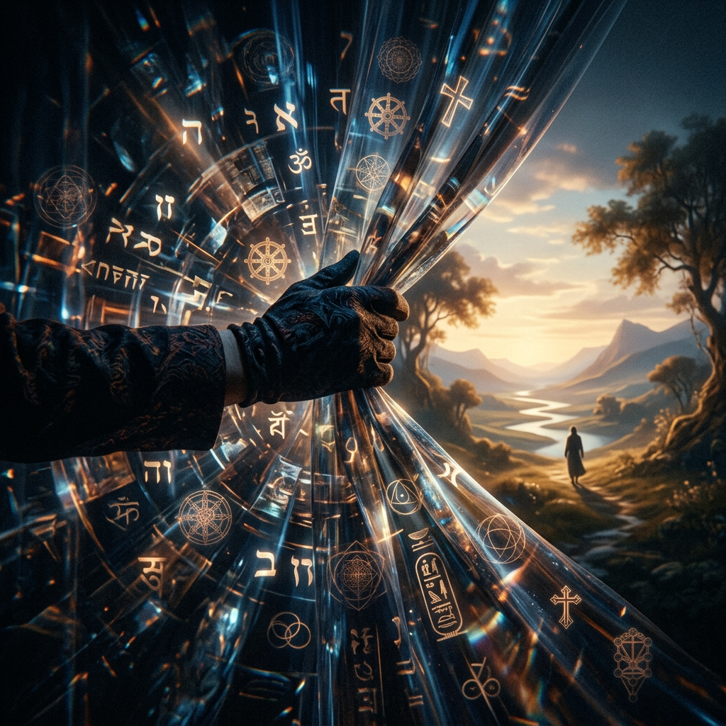 Gloved hand opening luminous ribbons covered with religious symbols toward a mountain valley