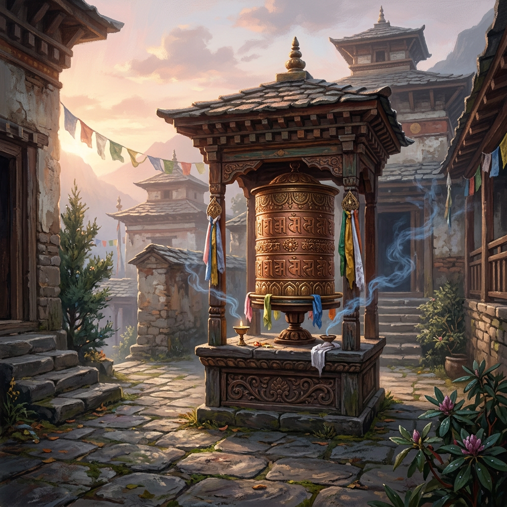 Ornate Buddhist prayer wheel in a Himalayan village courtyard