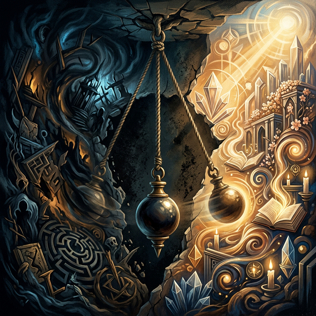 Mystical balance scale dividing a dark realm from a radiant magical world