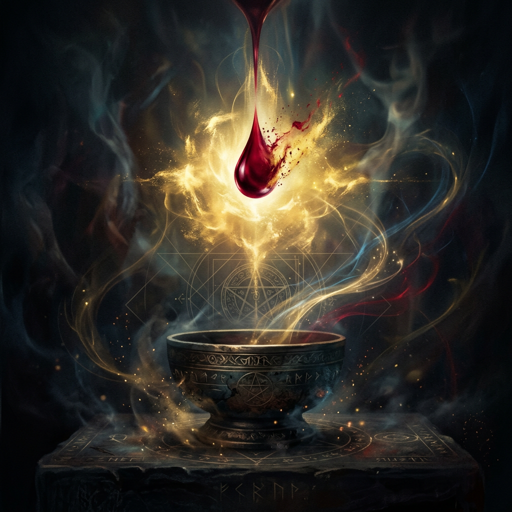 Crimson droplet above an engraved bowl surrounded by golden magical energy