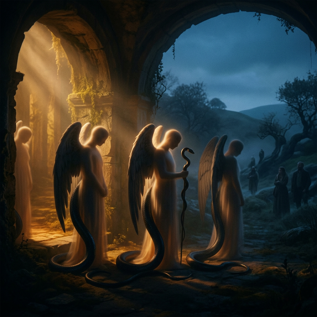 Angelic silhouettes concealing serpent-like nature