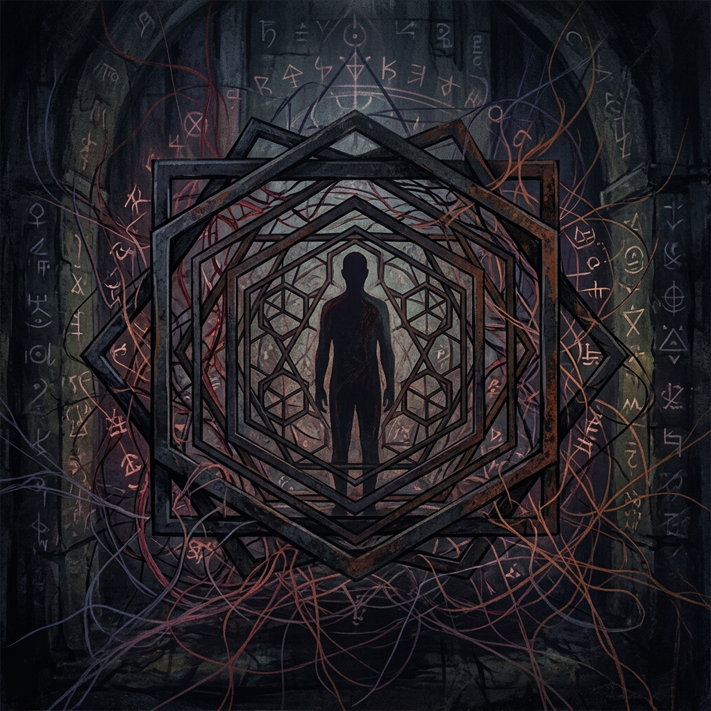 Silhouetted figure framed by layered geometric arches and mystical symbols
