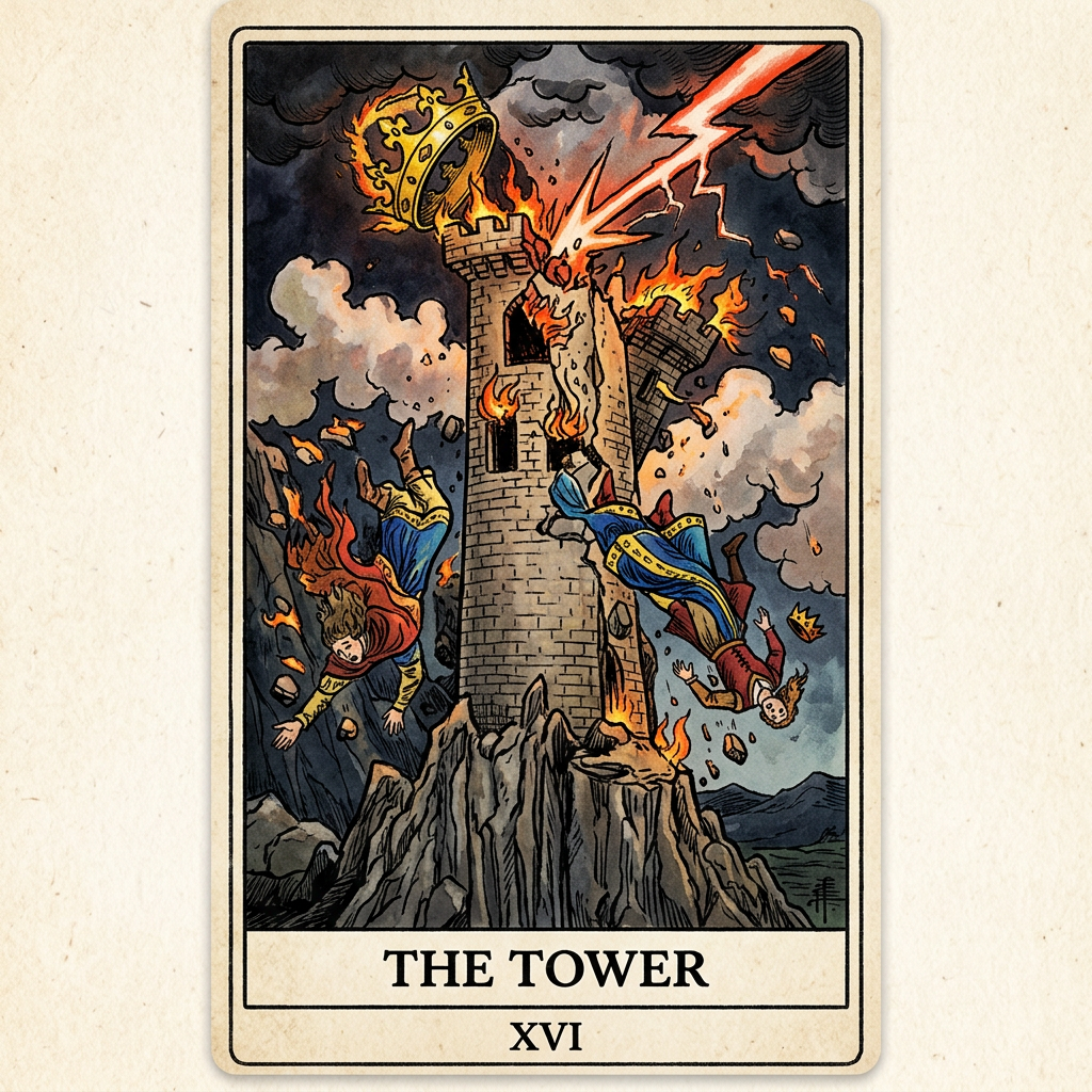 Tarot card labeled THE TOWER XVI showing a lightning-struck tower collapsing